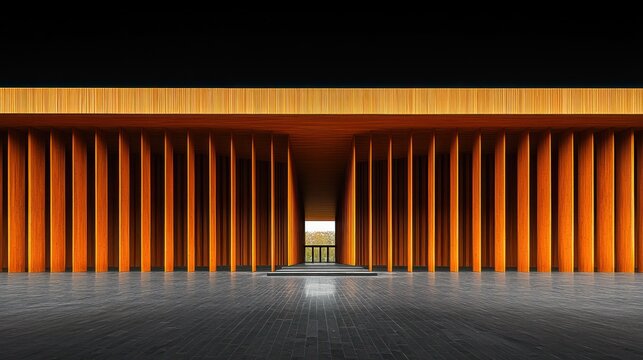 Wooden pavilion entrance with distant gate, dark background, event space