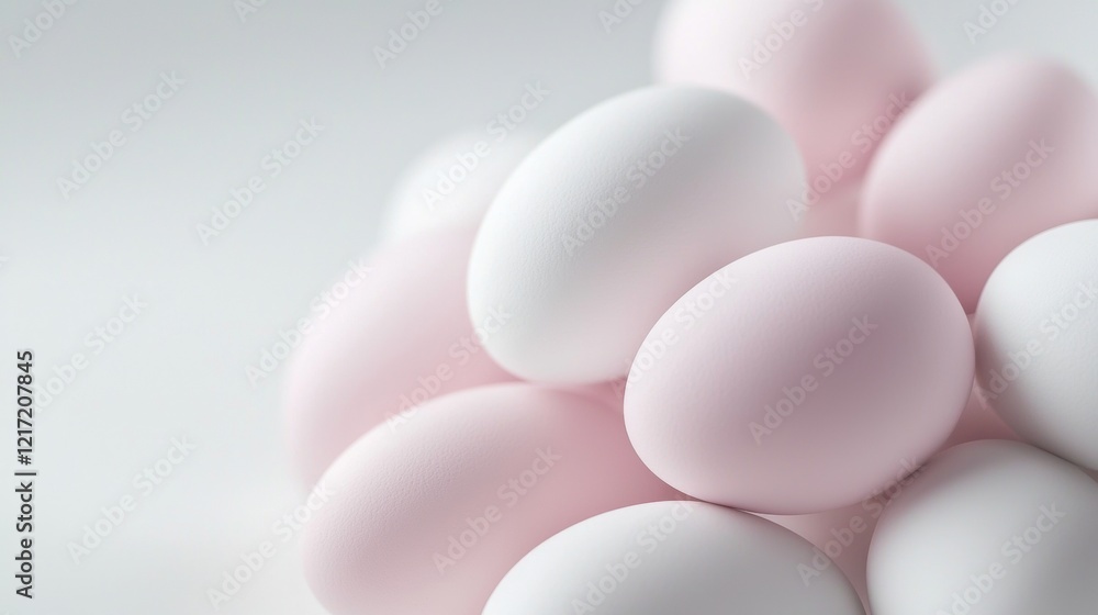 Poster close-up of a group of white eggs. the eggs are arranged in a pyramid-like shape, with the largest e