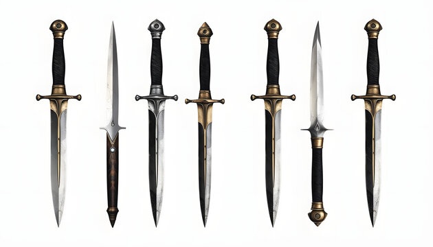 set of vintage daggers, knives, stilettos - fantasy daggers - isolated transparent PNG premium pen tool cutout, grunge, with white tones