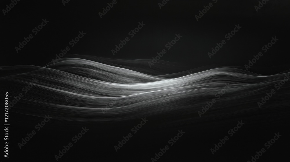 Aufkleber Black and white abstract background with a wave-like pattern in the center. the wave appears to be made up of thin, wavy lines that create a sense of movement and depth.