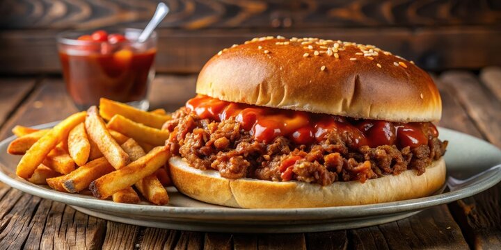 A juicy sloppy joe sandwich sitting on a plate surrounded by crispy French fries and a side of ketchup