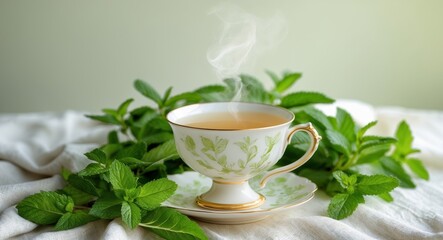 Fresh Mint Herbal Tea in Elegant Cup Surrounded by Green Leaves