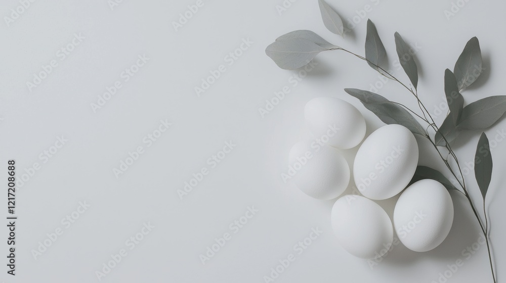 Poster flat lay of a bunch of white eggs on a light grey background. the eggs are arranged in a scattered m