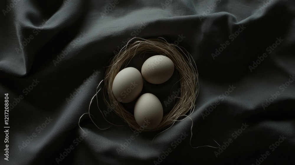 Poster nest with three white eggs inside. the nest is made of twigs and is placed on a dark grey fabric bac