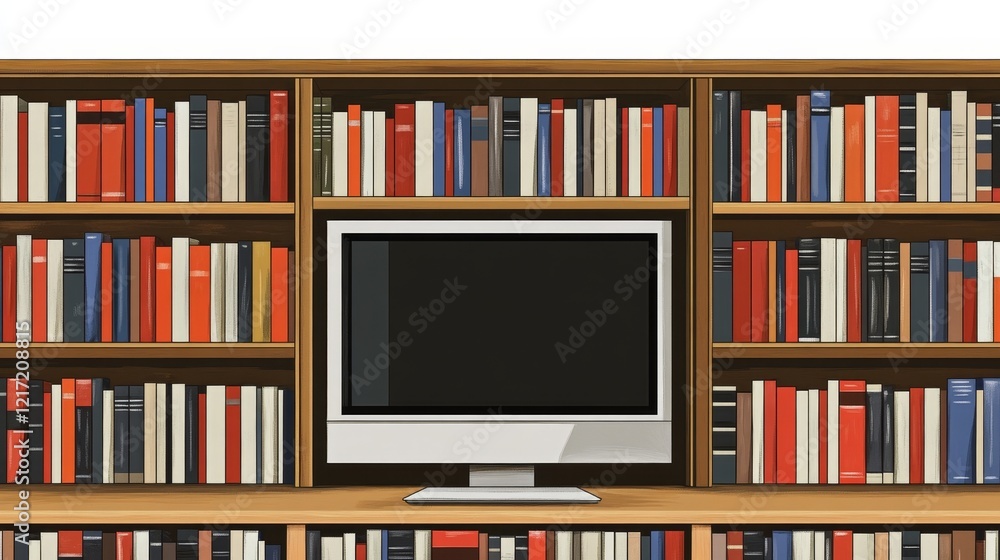 Poster a flat-screen monitor centered on a large bookshelf filled with books
