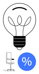 Light bulb with plant-thumbs up filaments, swivel chair, and percentage sign. Ideal for creativity, productivity, efficiency, office work, ideas growth innovation. Black-white scheme with blue