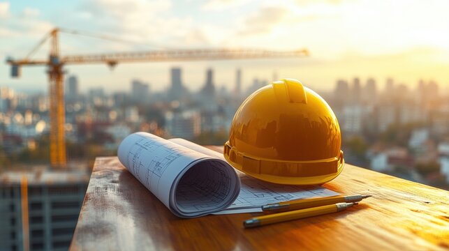 Engineer Helmet and Plan Showcasing Professional Architecture Urban Construction Site Image Sunset Environment Aerial View Architectural Excellence