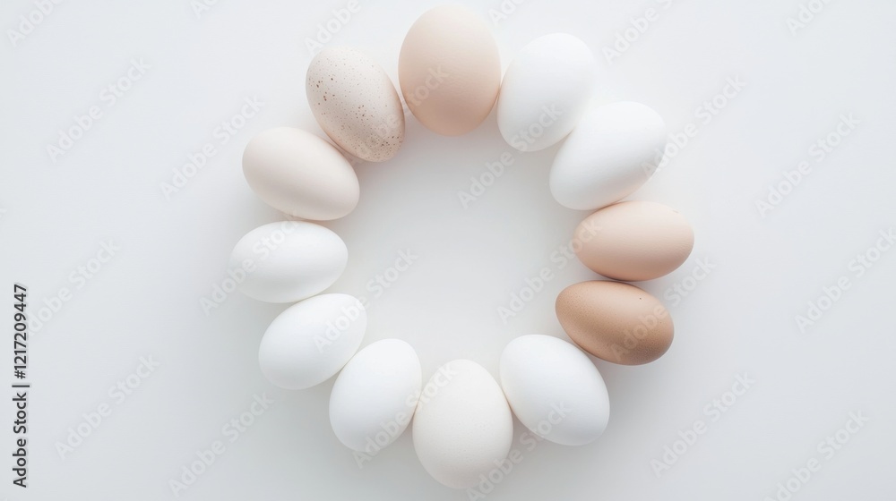 Poster flat lay of a circle made up of nine eggs. the eggs are arranged in a symmetrical pattern, with the 