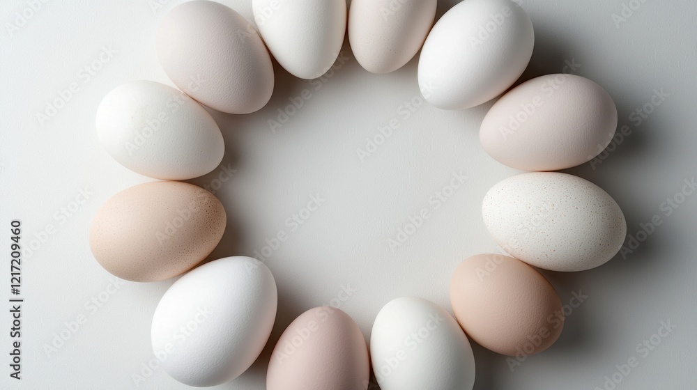 Poster flat lay of a circle made up of nine eggs arranged in a symmetrical pattern. the eggs are of differe