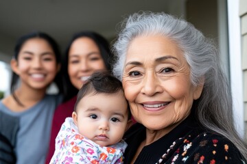 Fototapeta premium A radiant grandmother smiles warmly while holding a baby close, complemented by two happy children, capturing the essence of family love and connection.