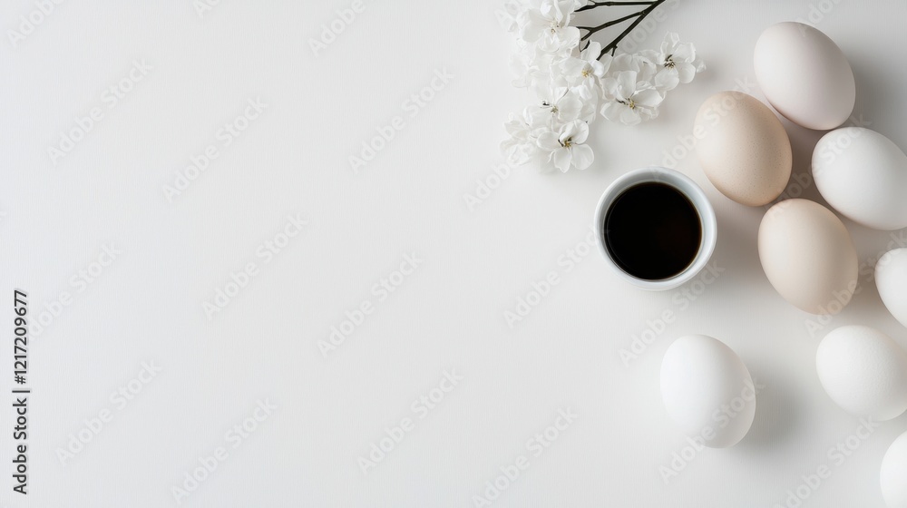 Poster flat lay of a white background with a few white flowers scattered around. on the right side of the i