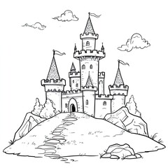 Obraz premium Enchanted Hilltop Castle Simple Coloring Page for Kids