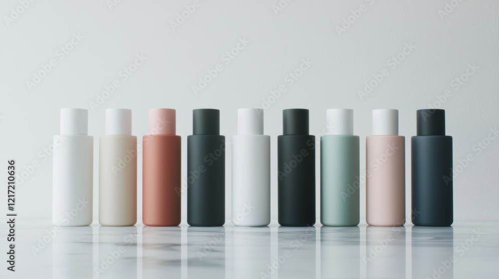 Poster group of nine bottles of different colors arranged in a row on a white surface.