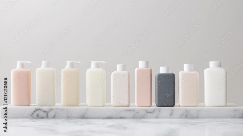 Poster group of nine bottles of different sizes and colors arranged in a row on a white marble countertop.