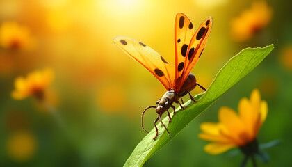 Obraz premium Image: photorealistic ladybug spreads its wings, preparing to take off from a green leaf