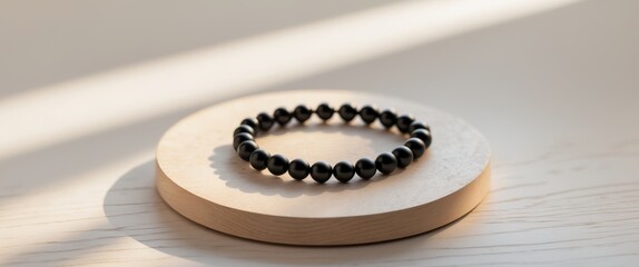 Elegant Black Bead Bracelet on Wooden Surface.