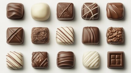 Obraz premium Assorted gourmet chocolates arranged on a clean surface, showcasing various designs and textures