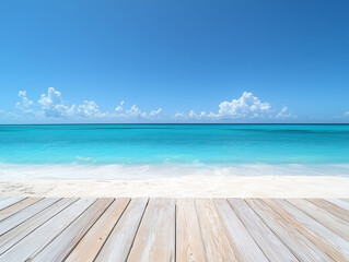 Fototapeta premium Beach view with wooden planks, white sand, turquoise ocean, and blue sky, ideal for vacation or relaxation concepts