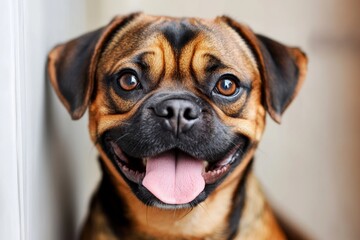 Obraz premium A dog lying flat on a tiled floor, its tongue out and eyes half-closed, perfectly capturing tiredness after play