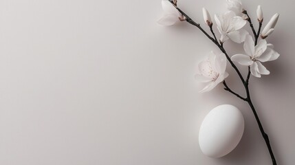 Flat lay of a white egg and a branch with white flowers on a light pink background. the branch is on the right side of the image and the egg is in the bottom right corner.
