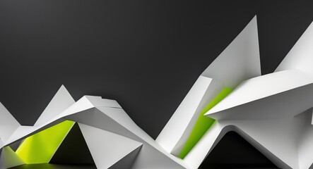 Abstract geometric artwork with green and white shapes on black background