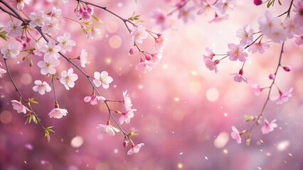 Fototapeta premium Softly falling cherry blossoms blanket a delicate tender pink background with gentle curves and subtle shading, springtime scenery, outdoors