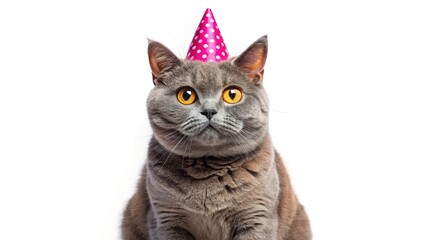 Fototapeta premium A British shorthair cat, blue-tortoiseshell, wears a pink party hat; orange eyes, deep focus.