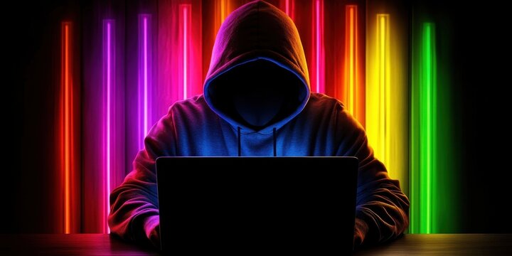A shadowy hacker in a hoodie monitoring multiple laptops in a dark room filled with tech gadgets.