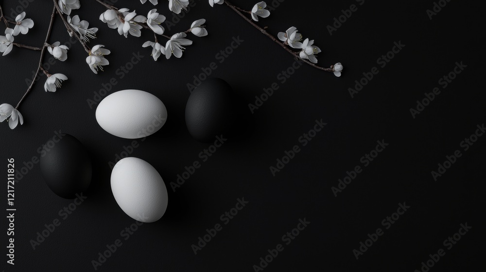 Poster flat lay of three white eggs on a black background. the eggs are arranged in a triangular formation,