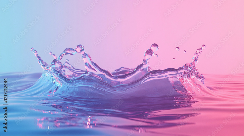 Poster rippling water splash transitions from blue to pink in a vibrant display of color under soft lightin