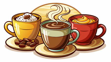 
three cups of hot cappucino, black coffee, chocolate cocoa. side view, white background, photography