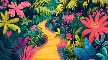 Fototapeta premium A Vibrant Yellow Path Winding Through a Lush, Colorful Tropical Garden