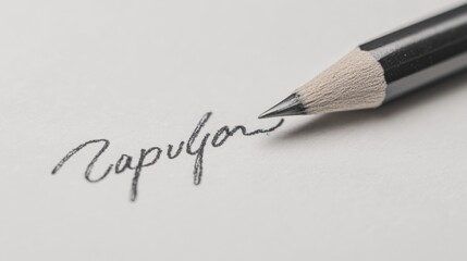 Close-up of a graphite pencil writing an elegant signature on a clean white paper background
