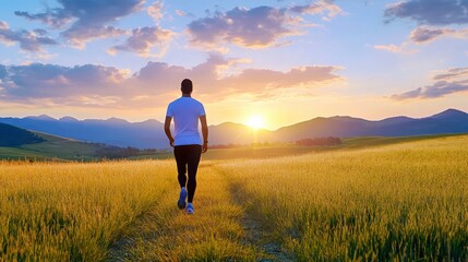 Man Walking Through Golden Wheat Fields at Sunset in Scenic Landscape