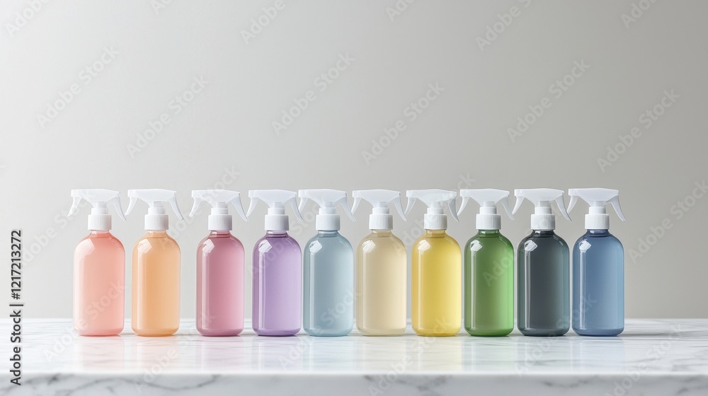 Poster row of nine bottles of hand sanitizer arranged in a line on a white marble countertop. the bottles a