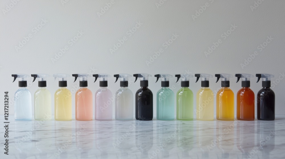 Poster row of nine spray bottles of different colors arranged in a line on a white marble surface.