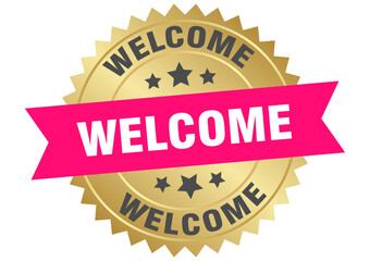 welcome. welcome round pink and gold label isolated on transparent background