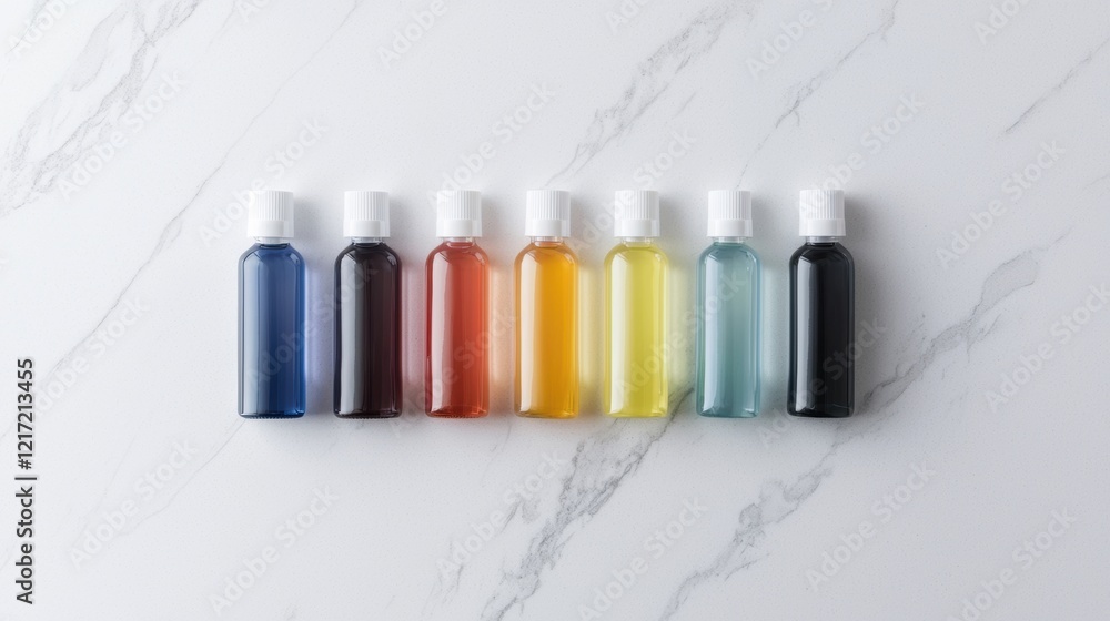 Poster row of six small bottles of different colors arranged in a line on a white marble surface.