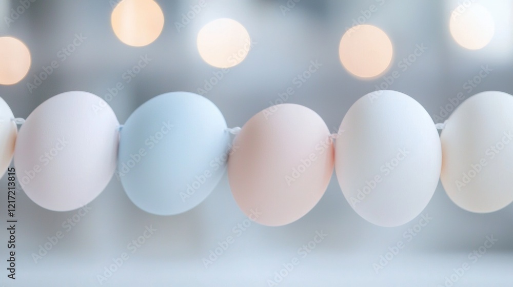 Poster string of white and pink balloons hanging from a string. the balloons are arranged in a horizontal l