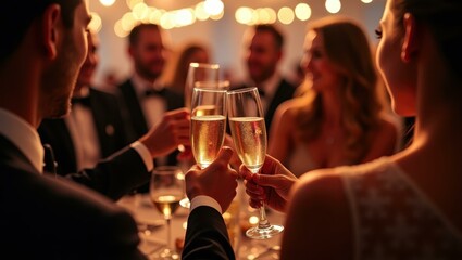 Attendees clinking crystal champagne flutes in celebratory toast under softly glowing lights Smiling diverse group attending an exclusive gala event