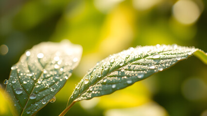 Sunlight filters through lush tropical foliage, illuminating vibrant green leaves of a palm tree in a lush rainforest