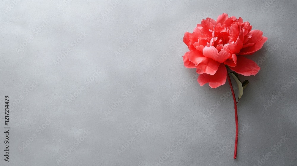 Aufkleber close-up of a single red peony flower on a gray background. the flower is in full bloom with its pet