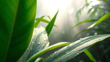 Obraz premium Sunlight filters through lush tropical foliage, illuminating vibrant green leaves of a palm tree in a lush rainforest