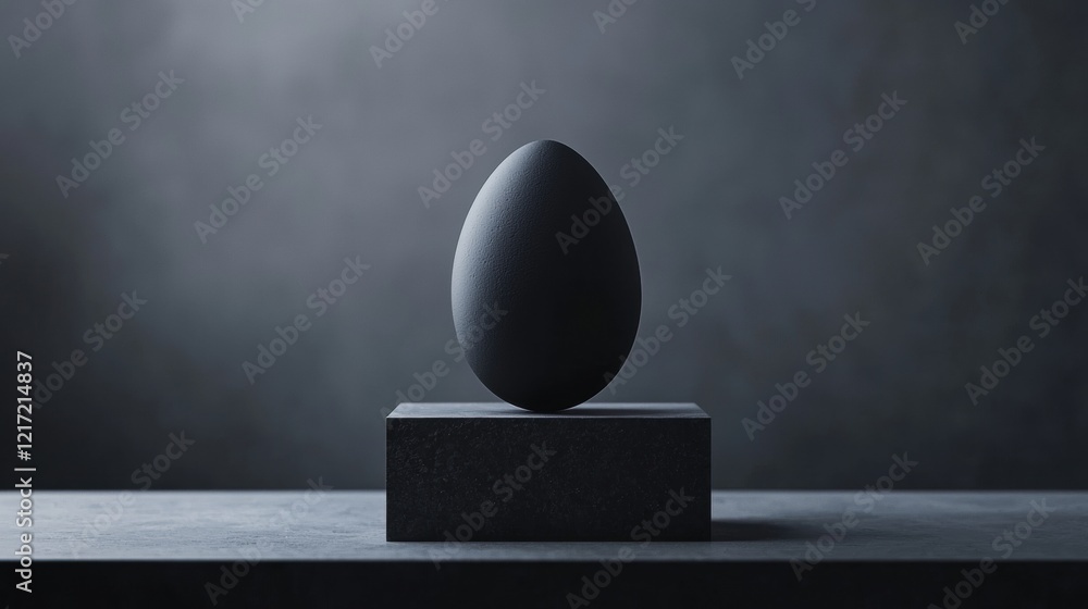Poster black sculpture of an egg on a square base. the egg is spherical in shape and appears to be made of 