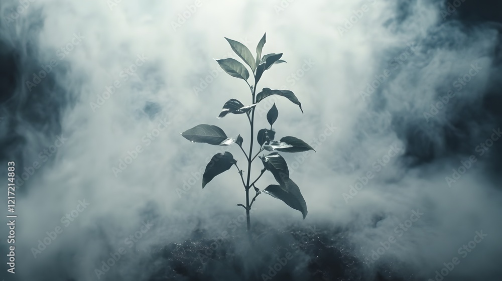 Poster a resilient green plant emerging from dark soil surrounded by wispy smoke, symbolizing growth and re