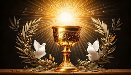 A golden chalice with a white host floating above it, surrounded by a halo of light