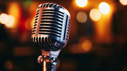 Vintage vocal microphone in the dark on a blured spot lighting. Live music or podcast wide banner background with copy space.Microphone For Live Karaoke And Concert.
