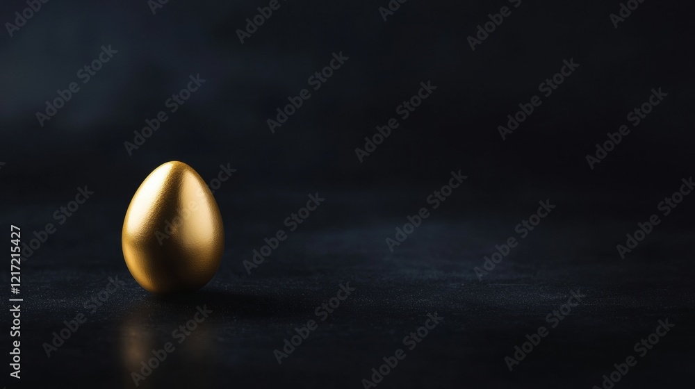 Poster close-up of a single golden egg on a black surface. the egg is in the center of the image and is the