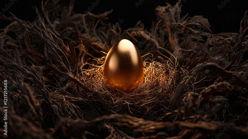 Poster golden egg in the center of a nest made of twigs and branches. the egg is shiny and shiny, reflectin