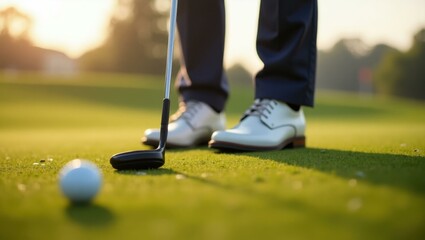 Close-up polished golf shoes firmly planted on tee ready for action Smiling Middle Eastern man golfing on a sunny day